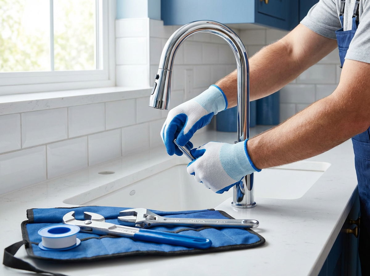 Santehniķis uzstāda jaucējkrānu